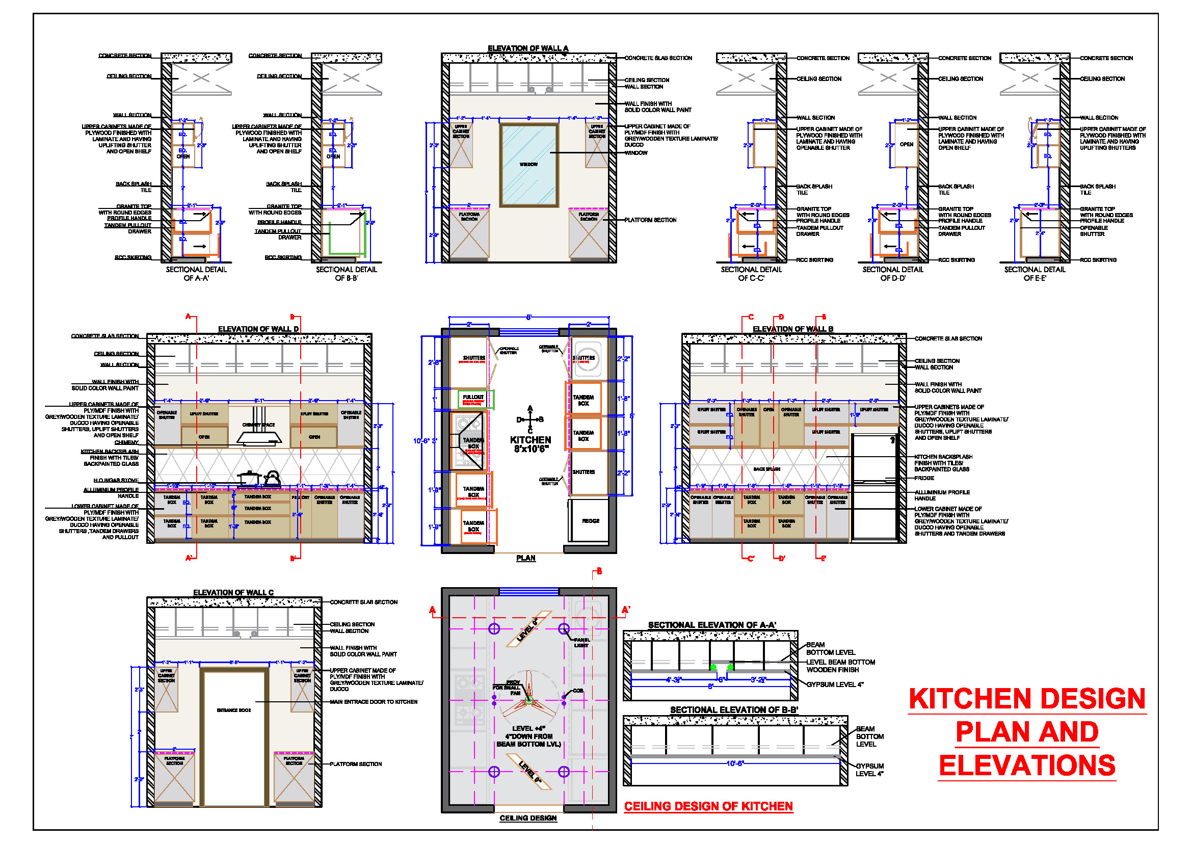 Kitchen Layout DWG- Parallel Counters with Full Cabinet Details